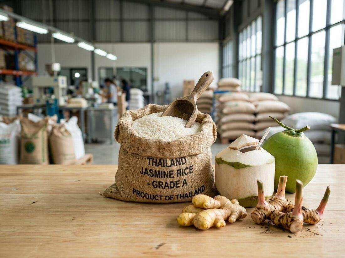 Thai Jasmine rice, aromatic young coconuts, and fresh Thai spices on an export grading table