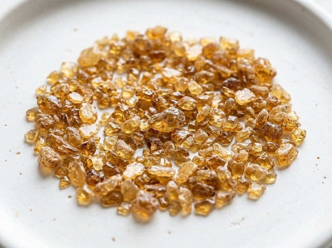 Golden-amber granular seedlac grains on neutral sample card