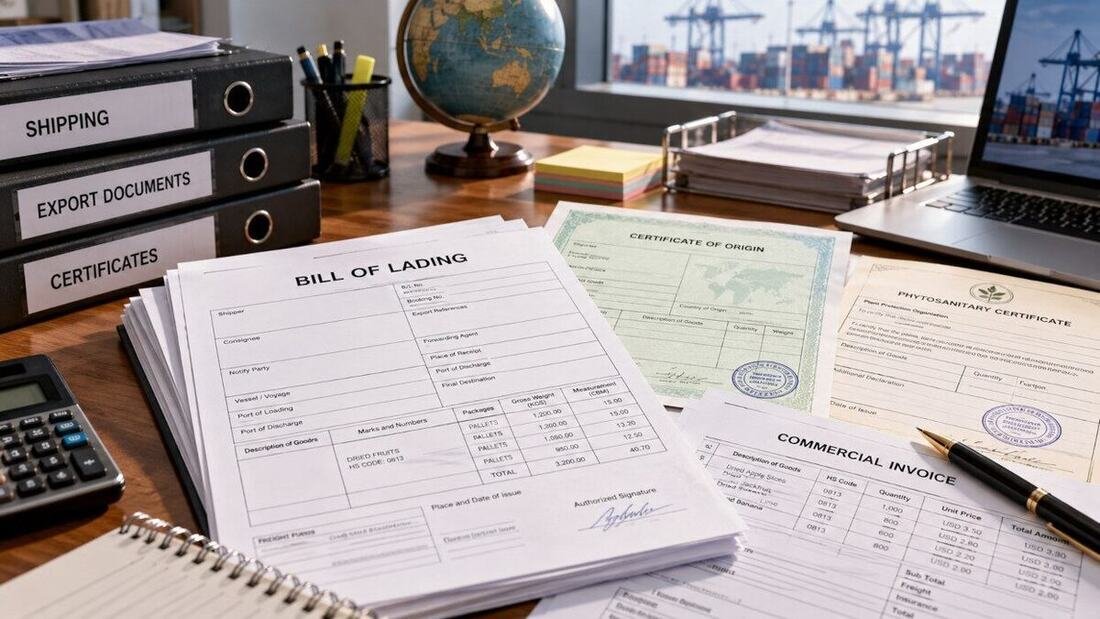 Export documentation, Bill of Lading, and certificates on desk overlooking shipping port