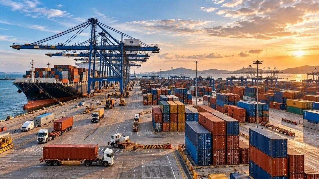 Laem Chabang deep-sea container terminal yard with docked container ship, gantry cranes, and container stacks at sunset