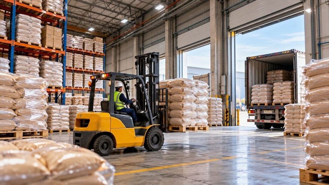 Covered bonded warehouse storage with racking and forklift